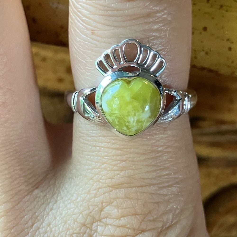 Natural Connemara Marble Sterling Silver Claddagh Ring Size 9